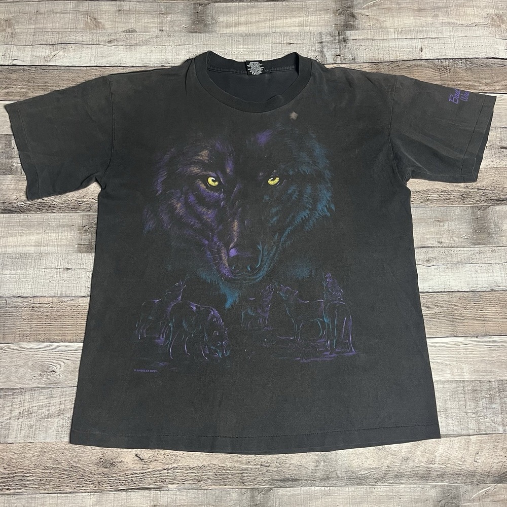 Wolf Shirt Size Large Black Vintage 90s Habitat Nature Tee Wolves